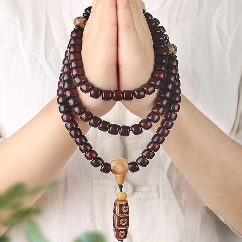 Nimara Ritual 108 Mala Beads Three-eyed Dzi Bead Nine-eye Dzi Bead Jade Luck Bracelet