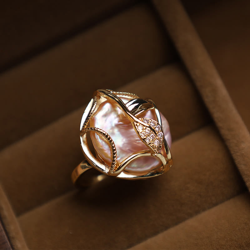 Nimara Ritual Pearl Copper Plated Gold Flower Happiness Wealth Ring