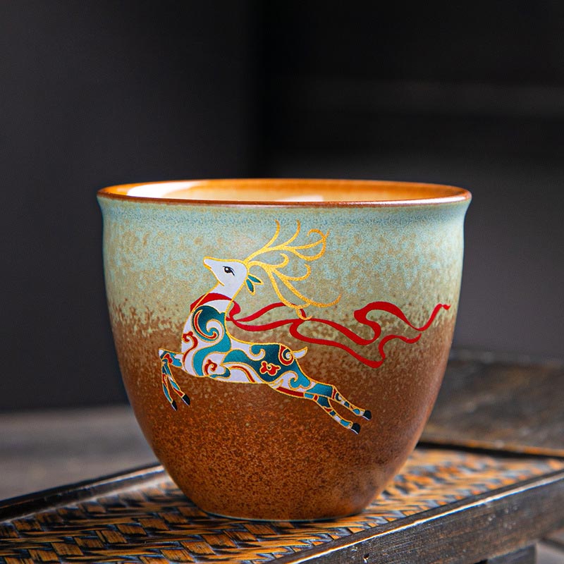 Nimara Ritual Colorful Deer Pipa Snow Plum Blossoms Mountains Rivers Bird Ceramic Teacup Kung Fu Tea Cup Bowl