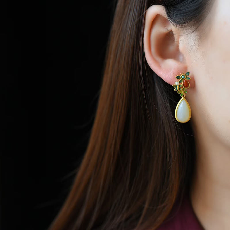 Nimara Ritual Water Drop White Jade Red Agate Butterfly Protection Drop Dangle Earrings