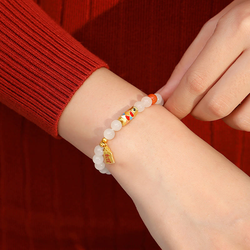Nimara Ritual 925 Sterling Silver Hetian White Jade Red Agate Koi Fish Luck Happiness Bracelet