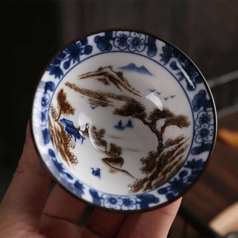 Nimara Ritual Flowers Fu Character Mountains Lotus Cherry Blossoms Ceramic Teacup Kung Fu Tea Cup