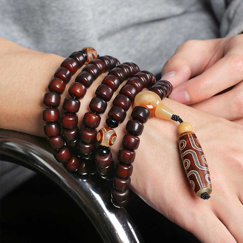 Nimara Ritual 108 Mala Beads Three-eyed Dzi Bead Nine-eye Dzi Bead Jade Luck Bracelet