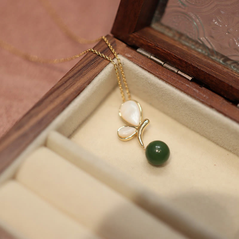 Nimara Ritual Natural Butterfly Tridacna Stone Cyan Jade Copper Plated Gold Calm Necklace Pendant Ring Earrings Set