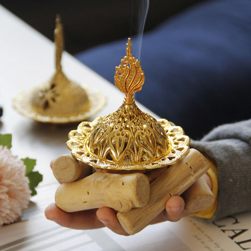 Nimara Ritual Gold Alloy Healing Mini Incense Burner With Wooden Coaster Home Decor