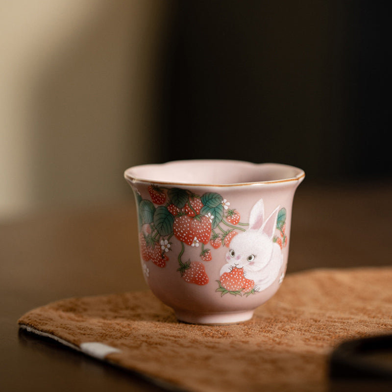 Nimara Ritual Cute Strawberry Rabbit Flower Ceramic Teacup Kung Fu Tea Cup 55ml