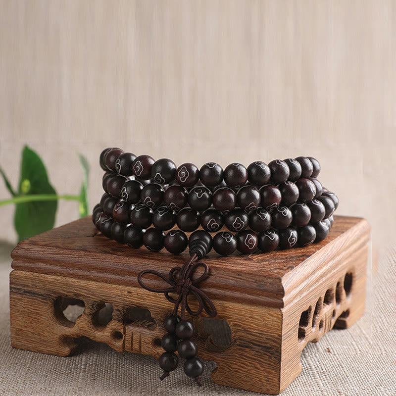Nimara Ritual 925 Sterling Silver Inlaid Small Leaf Red Sandalwood Om Mani Padme Hum Character Auspicious Clouds Protection Bracelet