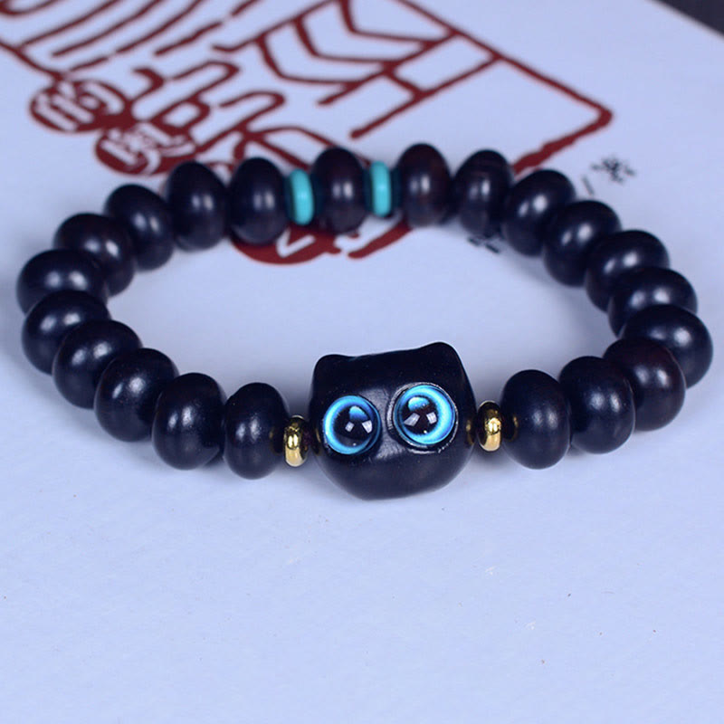 Nimara Ritual Ebony Wood Liuli Glass Lovely Cat Peace Balance Bracelet
