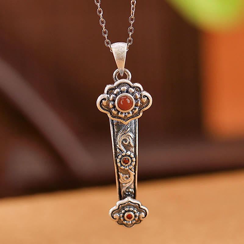 Nimara Ritual 925 Sterling Silver Red Agate Cyan Jade Auspicious Clouds Ruyi Handle Blessing Necklace Pendant