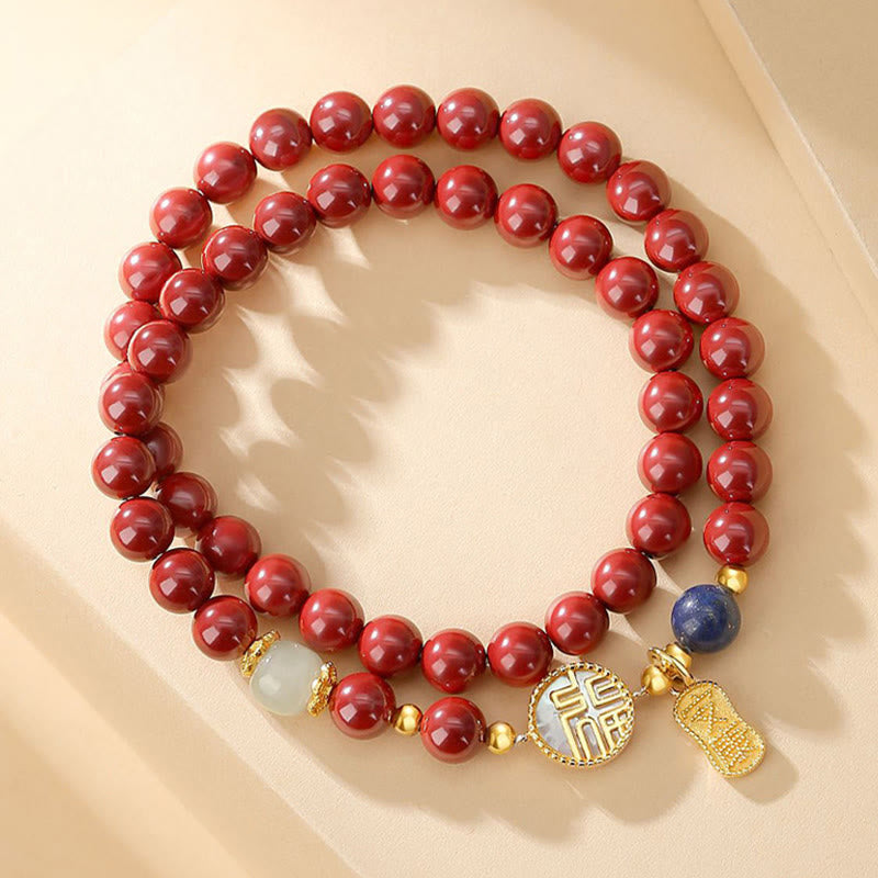 Nimara Ritual 925 Sterling Silver Cinnabar Tridacna Stone Fu Character Double Wrap Blessing Bracelet
