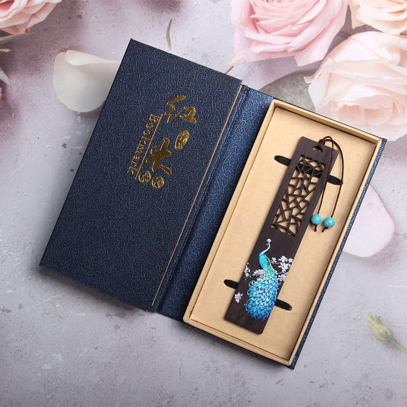 Nimara Ritual Blue Peacock Ebony Wood Bookmarks With Gift Box