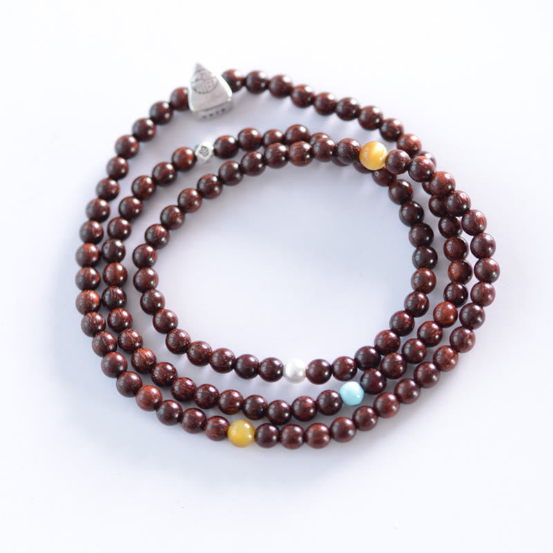 Nimara Ritual 925 Sterling Silver Indian Small Leaf Red Sandalwood Fu Character Protection Triple Wrap Bracelet
