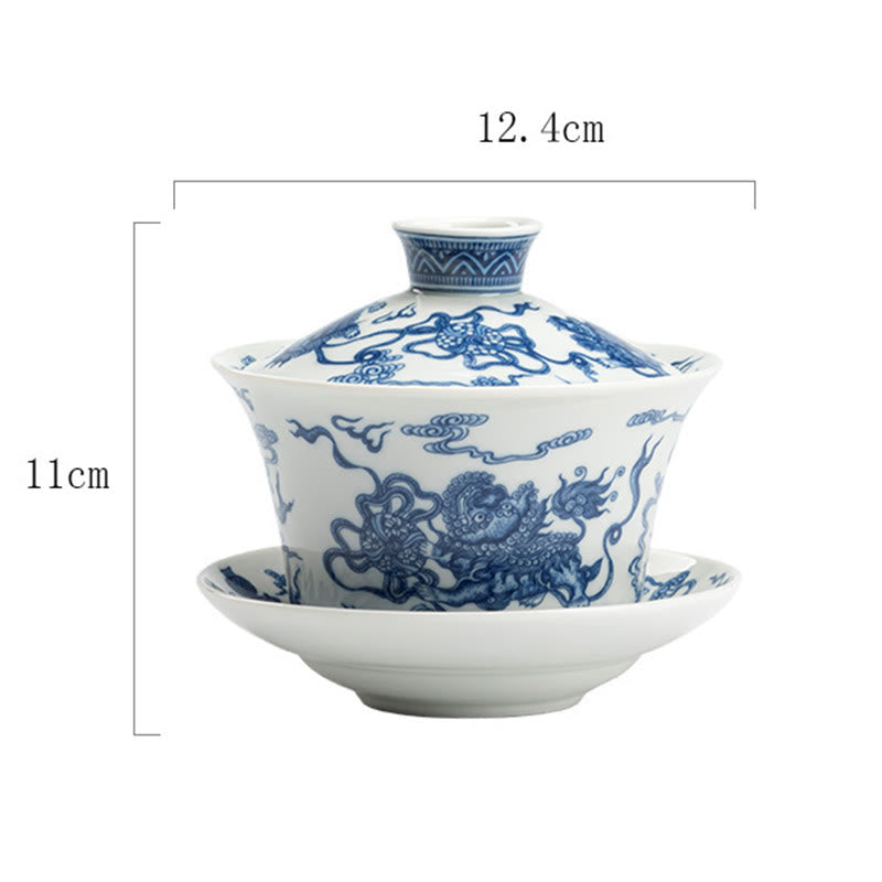 Nimara Ritual Blue And White Porcelain Lotus Koi Fish Lion Dance Watermelon Ceramic Gaiwan Sancai Teacup Kung Fu Tea Cup And Saucer With Lid 300ml