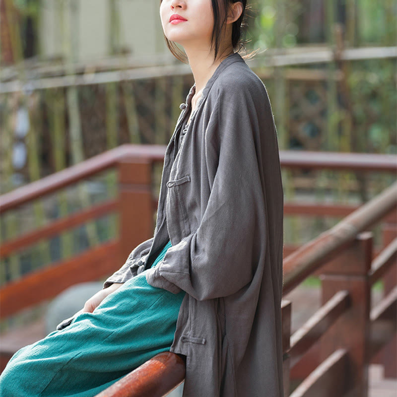 Nimara Ritual Frog-Button Long Sleeve Zen Meditation Open Front Jacket With Pockets