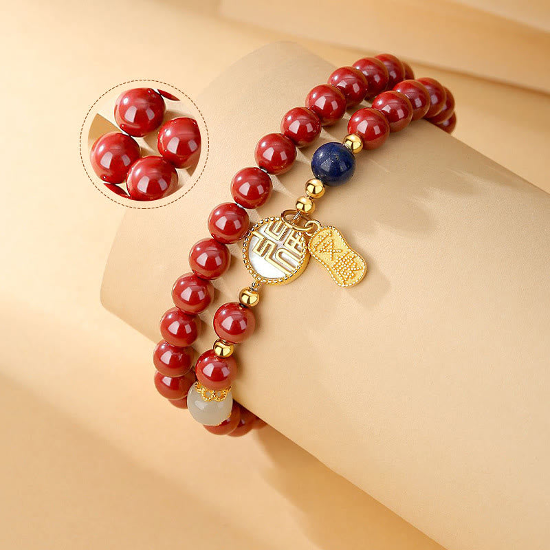 Nimara Ritual 925 Sterling Silver Cinnabar Tridacna Stone Fu Character Double Wrap Blessing Bracelet