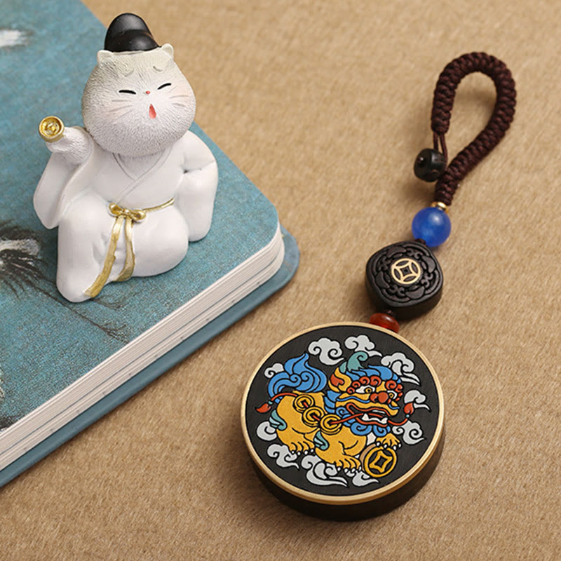 Nimara Ritual PiXiu Copper Coin Ebony Wood Luck Attract Wealth Key Chain Decoration