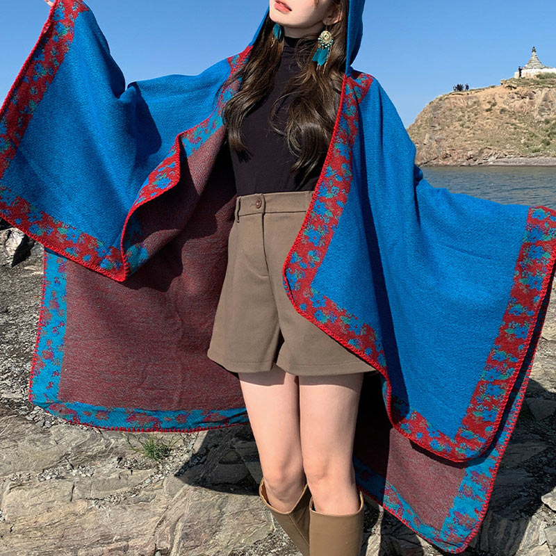 Nimara Ritual Tibetan Shawl Border Small Floral Flower Hooded Cloak Winter Cozy Travel Scarf Wrap