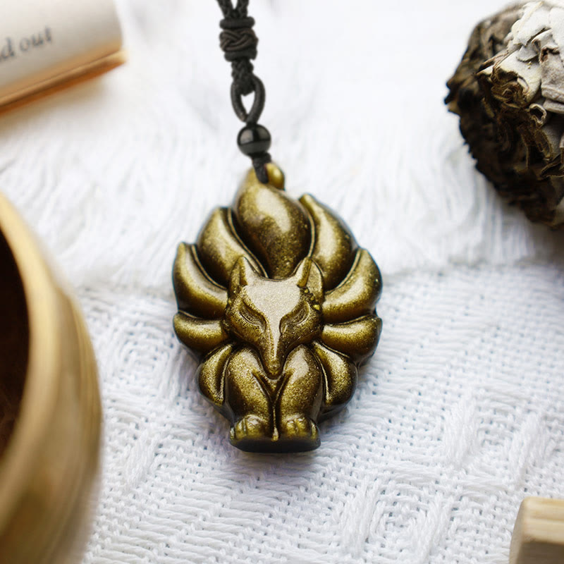 Nimara Ritual Natural Fluorite Gold Sheen Obsidian Fox Pendant Protection Necklace