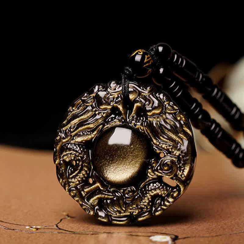Nimara Ritual Natural Gold Sheen Obsidian Rainbow Obsidian Dragon Strength Necklace Pendant