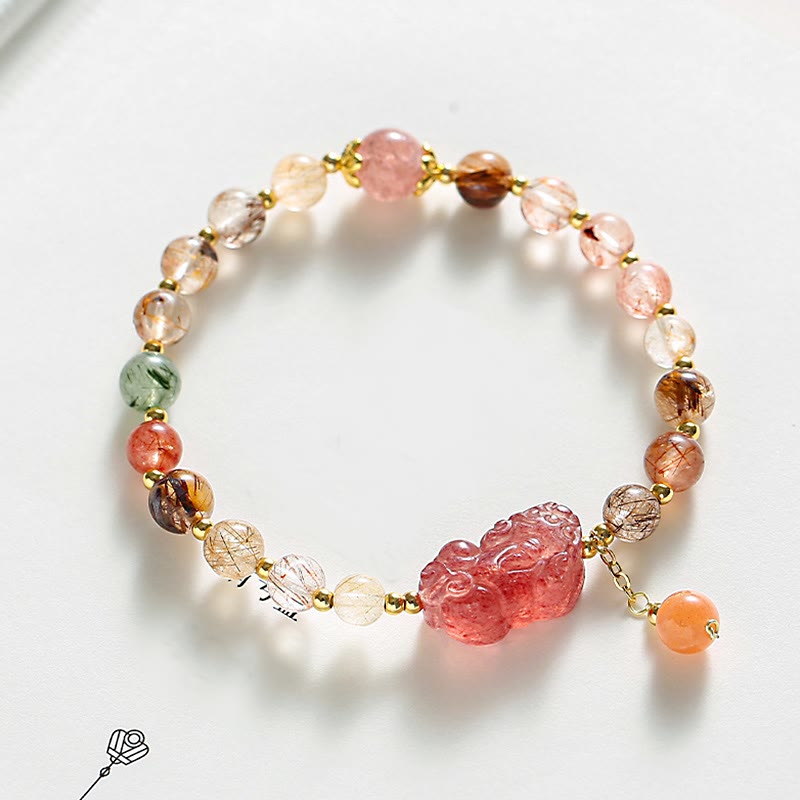 Nimara Ritual Natural Rutilated Quartz Strawberry Quartz PiXiu Wealth Bracelet