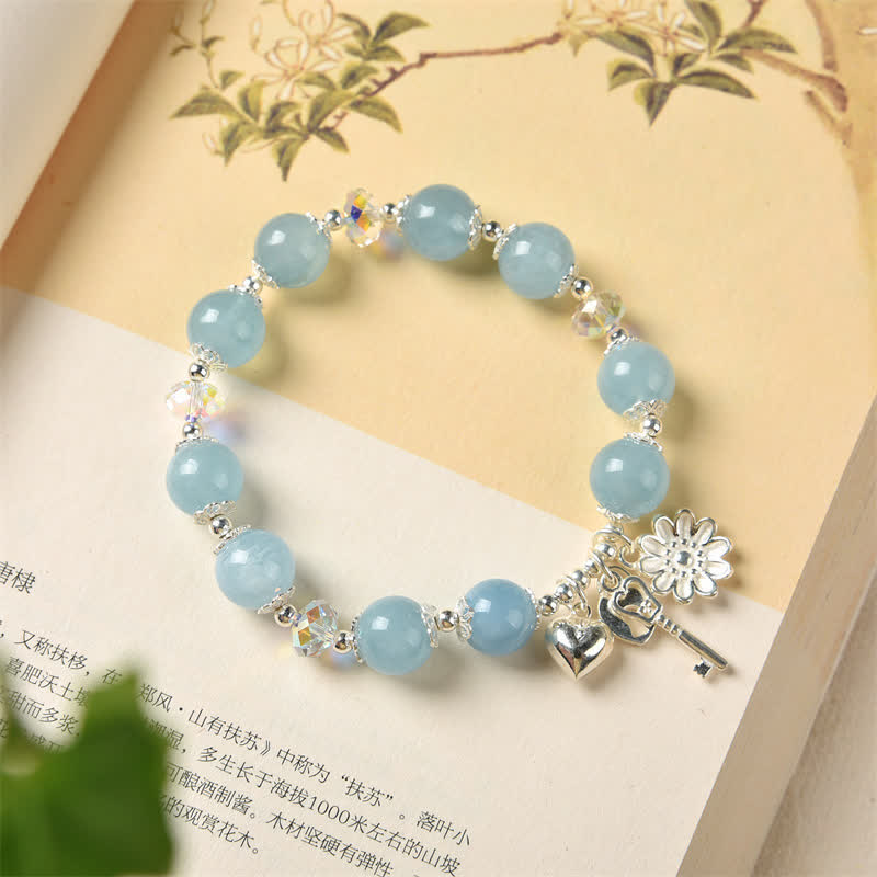 Nimara Ritual 925 Sterling Silver Natural Aquamarine Serenity Flower Love Key Charm Bracelet