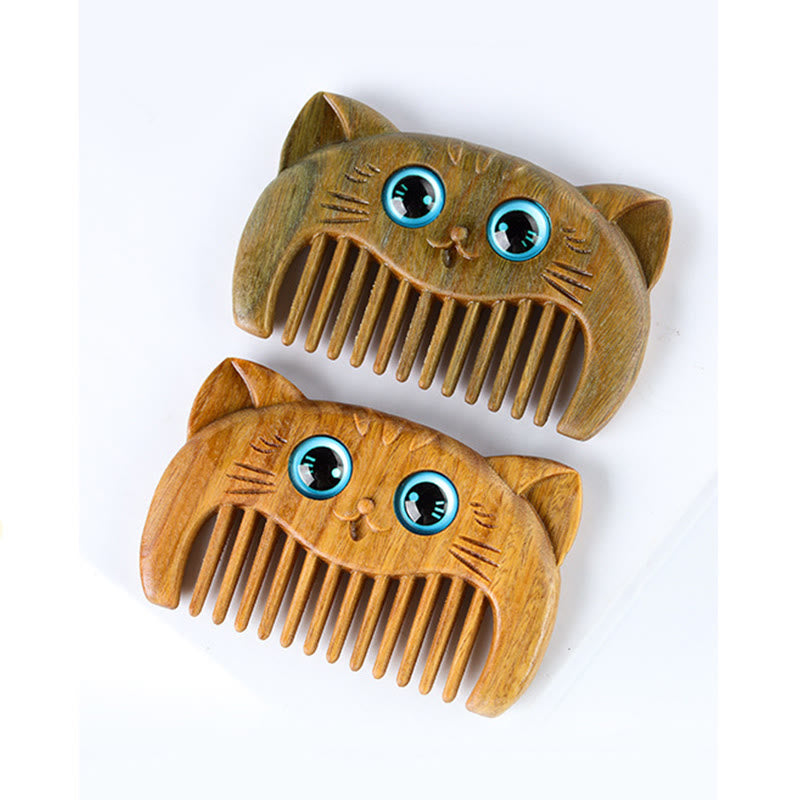 Nimara Ritual Simple Cat Pattern Green Sandalwood Cure Portable Comb