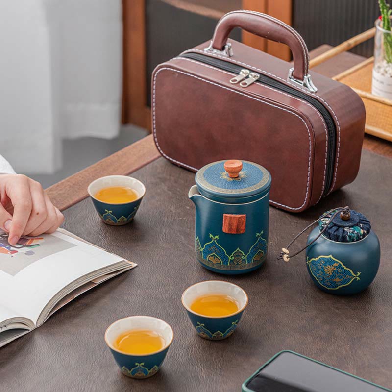 Nimara Ritual Flower Chinese Gongfu Ceramic Teapot Portable Outdoor Travel Tea Set Bag