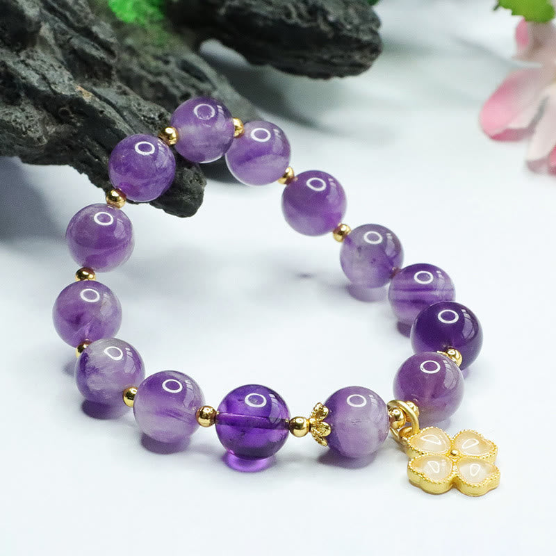Nimara Ritual Natural Amethyst Crystal Inner Peace Four Leaf Clover Charm Bracelet