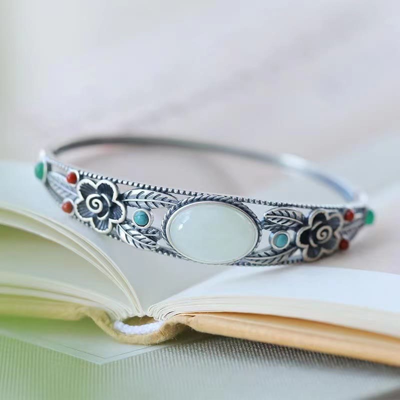 Nimara Ritual Cyan Jade White Jade Flower Leaf Harmony Luck Bracelet Bangle