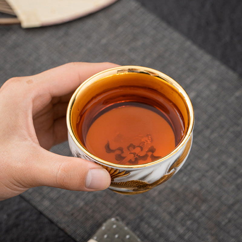 Nimara Ritual Golden Eagle Auspicious Dragon Sun Ocean Waves Gilt Ceramic Teacup Kung Fu Tea Cup
