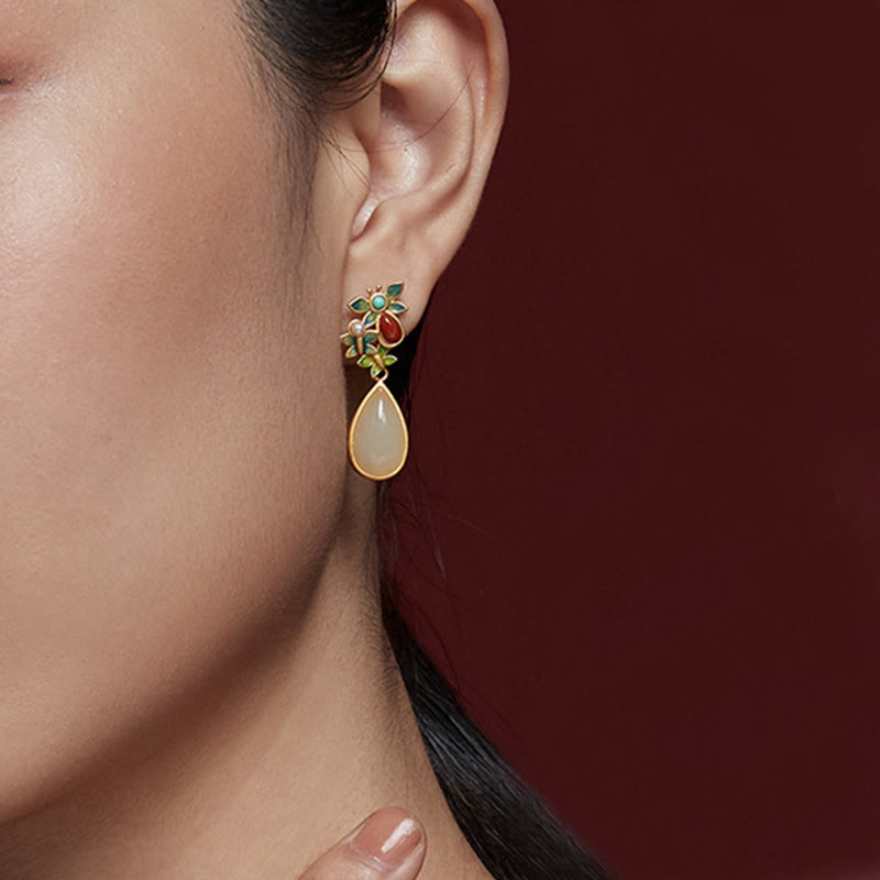 Nimara Ritual Water Drop White Jade Red Agate Butterfly Protection Drop Dangle Earrings