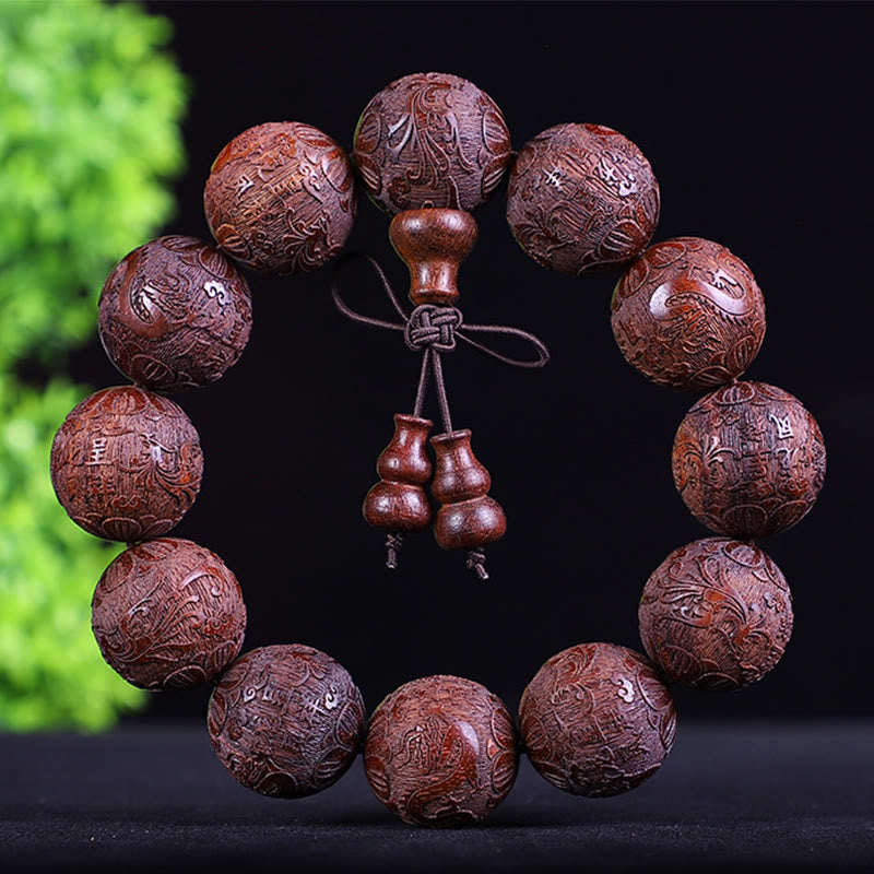 Nimara Ritual Chinese Zodiac Rosewood Ebony Copper Coin PiXiu Carved Warmth Bracelet