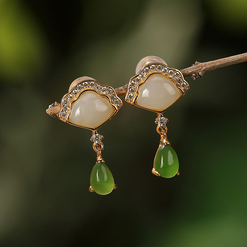 Nimara Ritual White Jade Cyan Jade Fan Water Drop Pattern Luck Drop Earrings