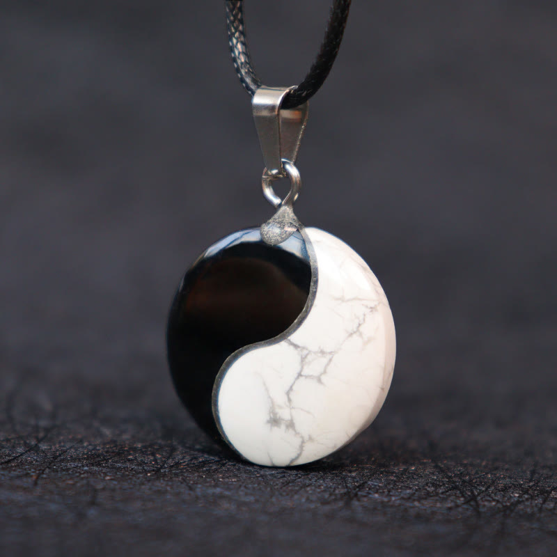 Nimara Ritual Natural Black Obsidian White Turquoise Yin Yang Transformation Rope Necklace Pendant