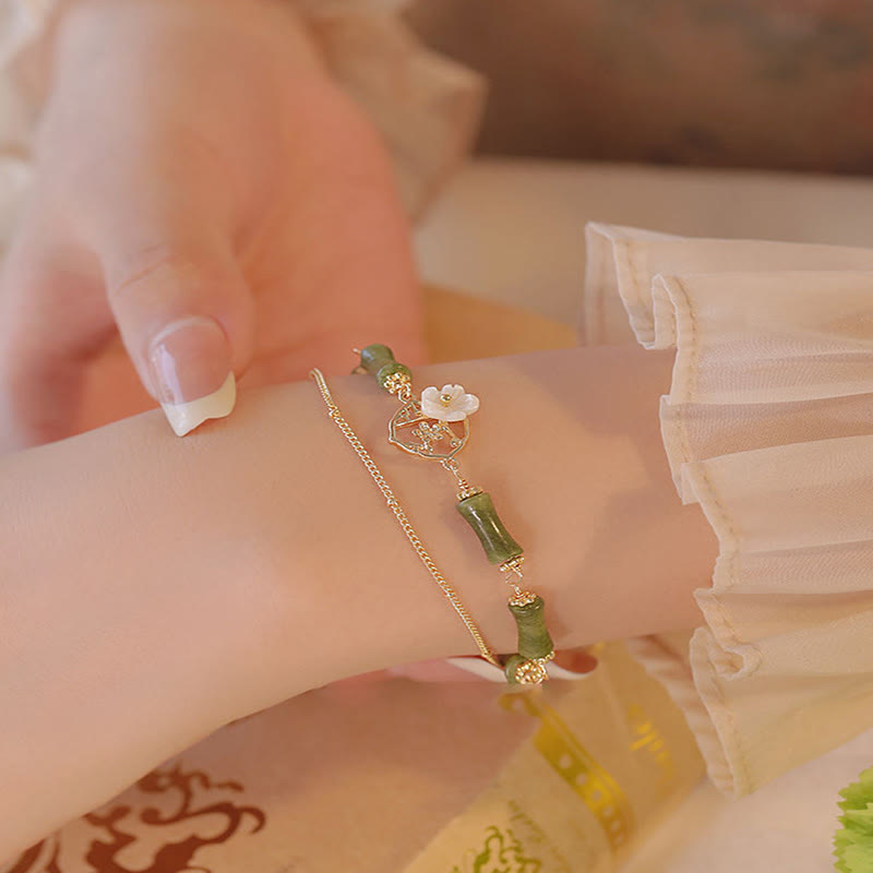 Nimara Ritual 14k Gold Plated Copper Peridot Bamboo Flower Wealth Double Layer Bracelet
