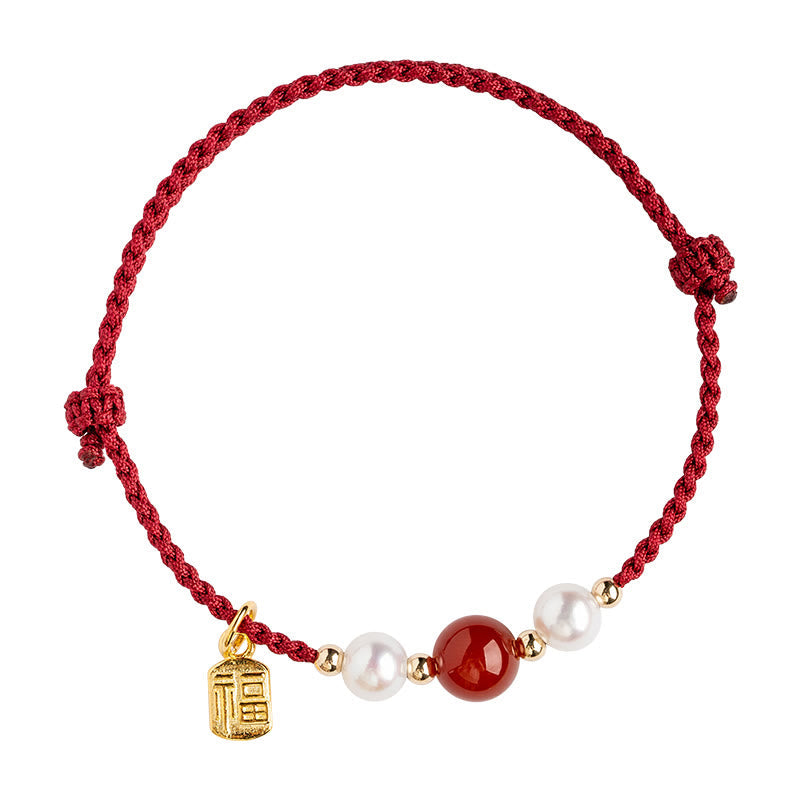 Nimara Ritual 925 Sterling Silver Good Fortune Fu Character Agate Pearl Red String Braid Bracelet