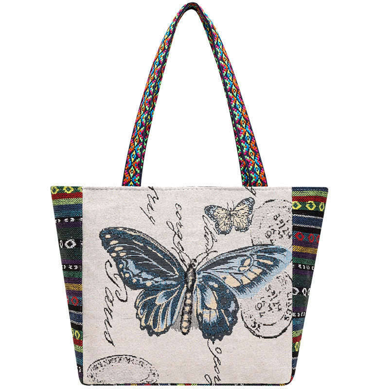 Nimara Ritual Elephant Butterfly Embroidered Large Capacity Canvas Tote Bag Shoulder Bag
