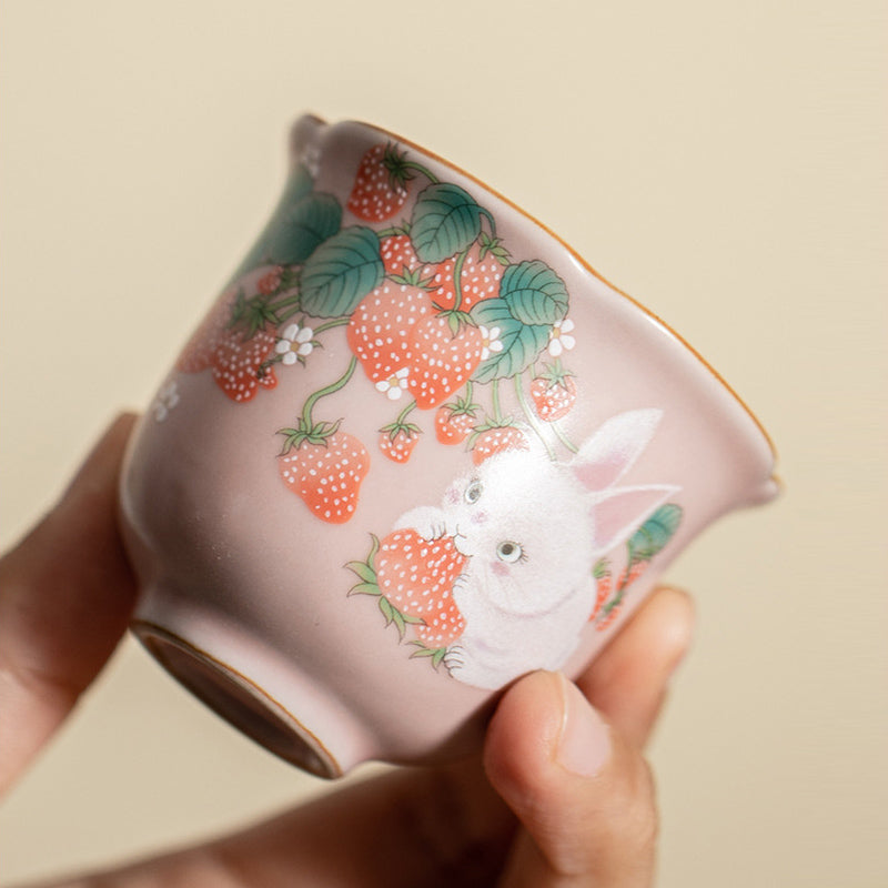 Nimara Ritual Cute Strawberry Rabbit Flower Ceramic Teacup Kung Fu Tea Cup 55ml