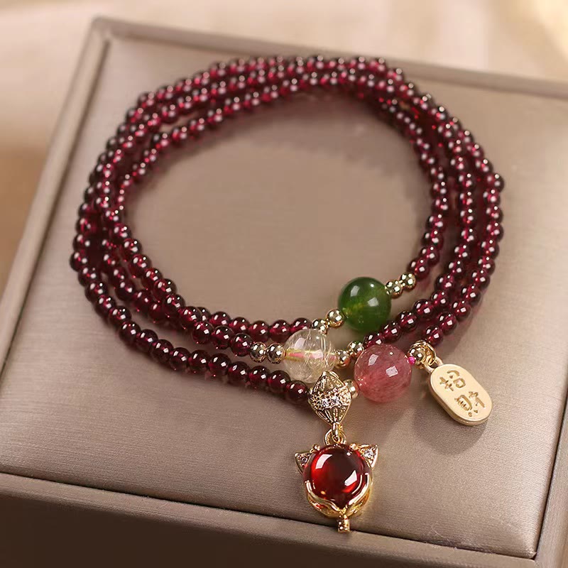 Nimara Ritual Natural Garnet Strawberry Quartz Crystal Fox Koi Fish Peace Buckle Fortune Protection Triple Wrap Bracelet