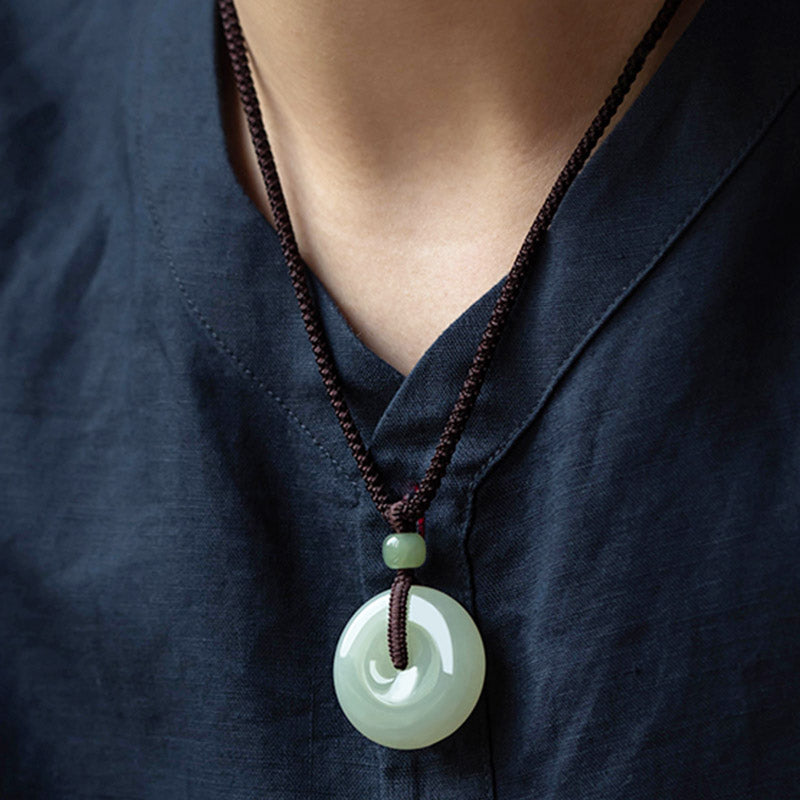 Nimara Ritual Natural Round Jade Peace Buckle Luck Prosperity Necklace Pendant