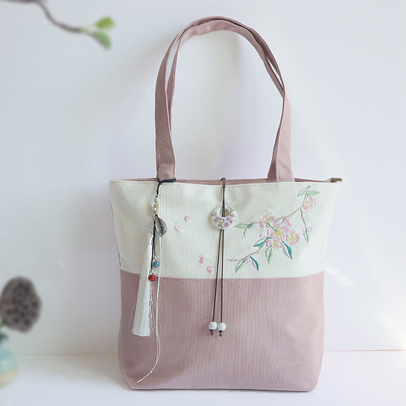 Nimara Ritual Pear Flower Plum Peach Blossom Bamboo Embroidery Canvas Large Capacity Shoulder Bag Tote Bag