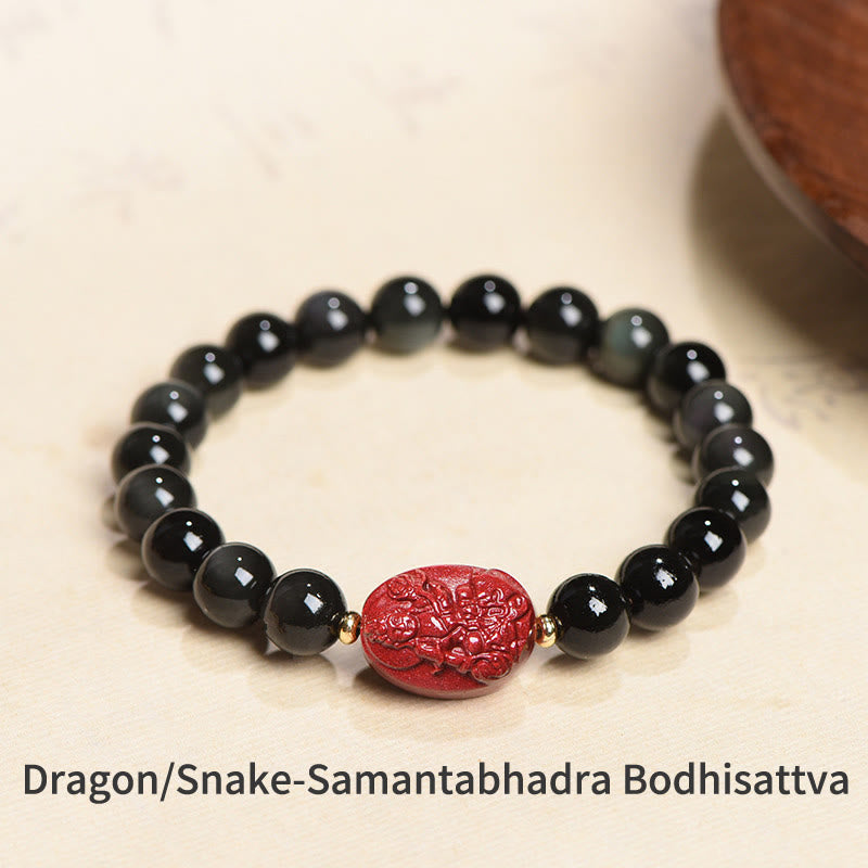 Nimara Ritual Chinese Zodiac Natal Buddha Natural Black Obsidian Cinnabar Purification Bracelet