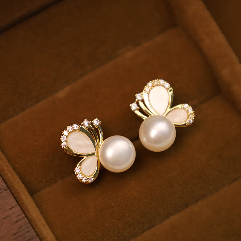 Nimara Ritual 925 Sterling Silver Posts 18K Gold Plated Copper Natural Pearl Butterfly Zircon Healing Stud Earrings
