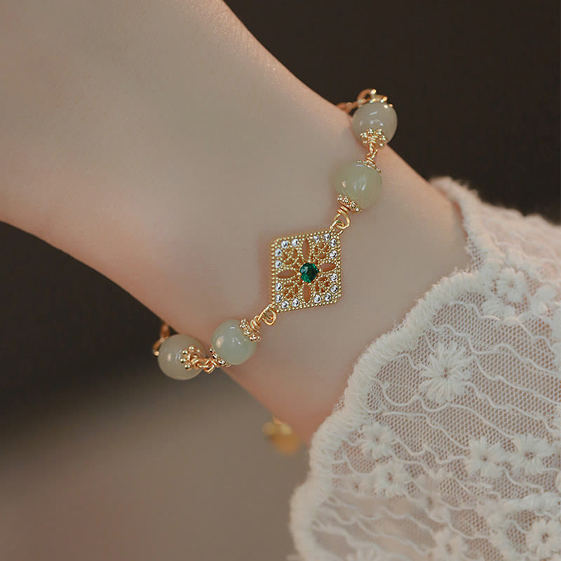 Nimara Ritual Natural Hetian Jade Bead Square Pattern Luck Chain Bracelet