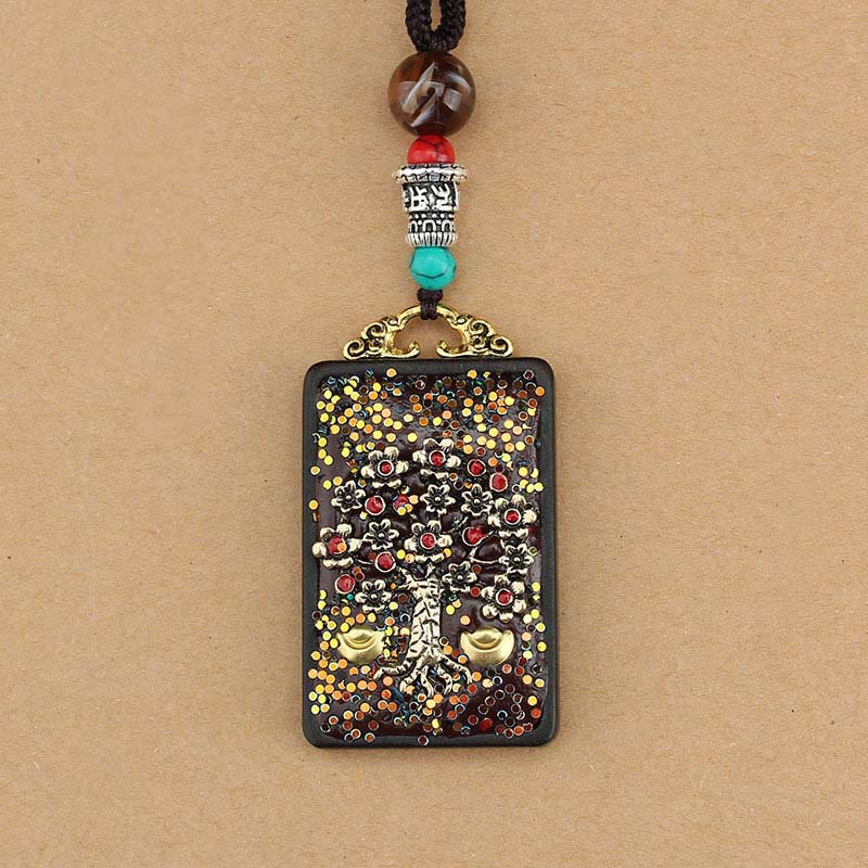 Nimara Ritual Tibet God Of Wealth Money Tree Golden Phoenix Thangka Ebony Peace Necklace Pendant
