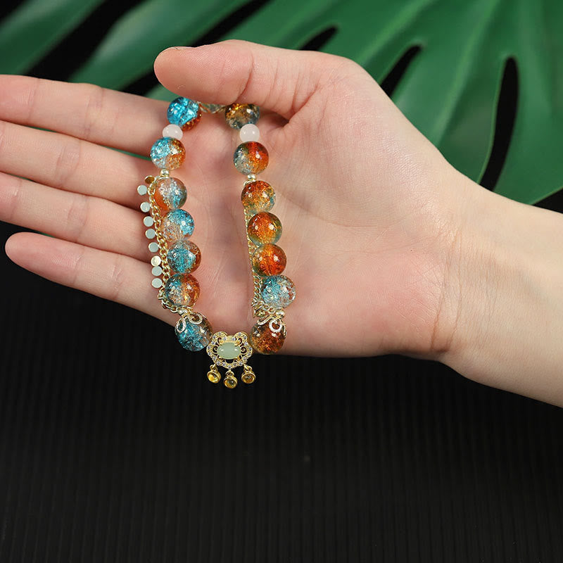 Nimara Ritual Colorful Liuli Glass Bead Chinese Lock Charm Fortune Bracelet