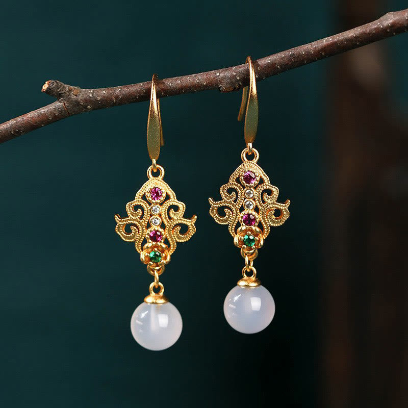 Nimara Ritual 24K Gold Plated Round Chalcedony Positive Dangle Drop Earrings