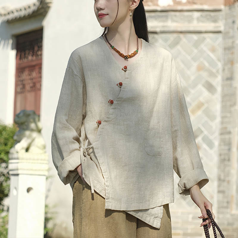 Nimara Ritual Solid Color Ramie Linen Loose Blouse Long Sleeve Shirt Chinese Hanfu Top