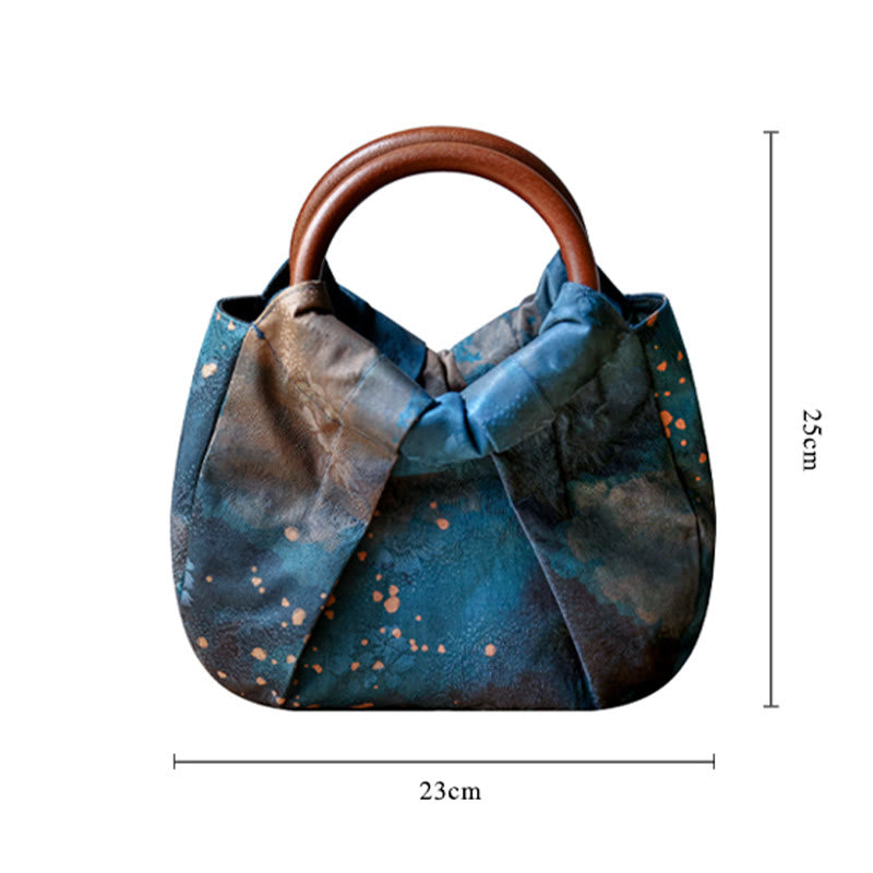 Nimara Ritual Handmade Jacquard Flower Blue Wooden Handle Handbag