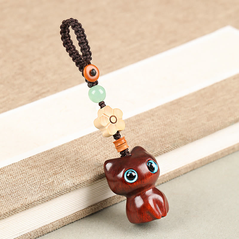 Nimara Ritual Mini Small Leaf Red Sandalwood Ebony Wood Lucky Cat Lovely Kitty Peace Key Chain Phone Hanging Decoration
